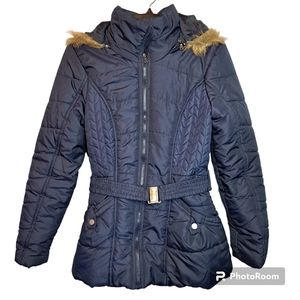RAMPAGE Quilted Faux Fur Zip Off Hood Navy Full Zip Puffer Size M